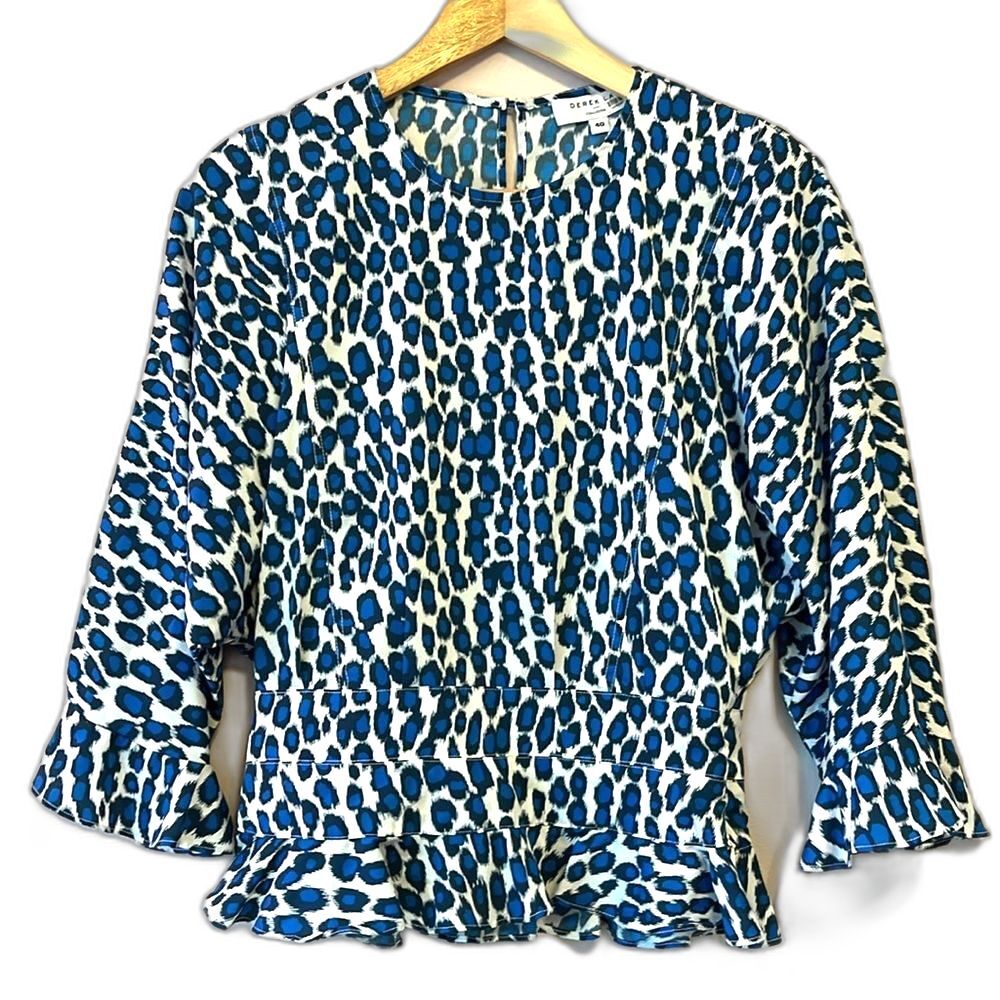 Derek Lam Crosby Leopard Ruffle Hem Top Sz 4 Animal Print Blue Maximalism Party